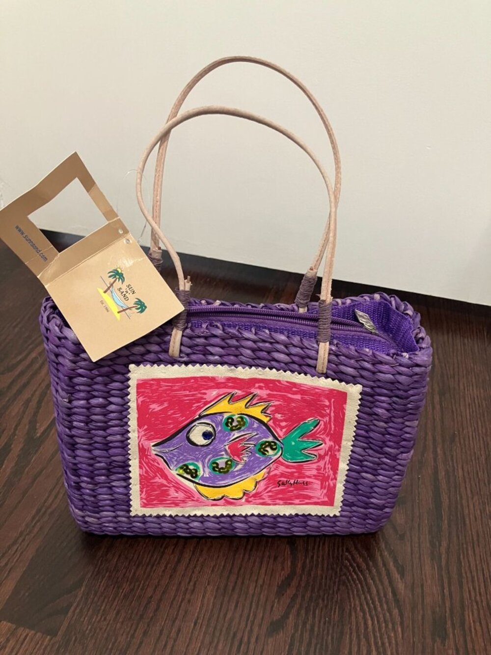 Sun 'n' Sand Straw Handbag Sally Huss Sparkly Fish, Purple, One Size, NWT